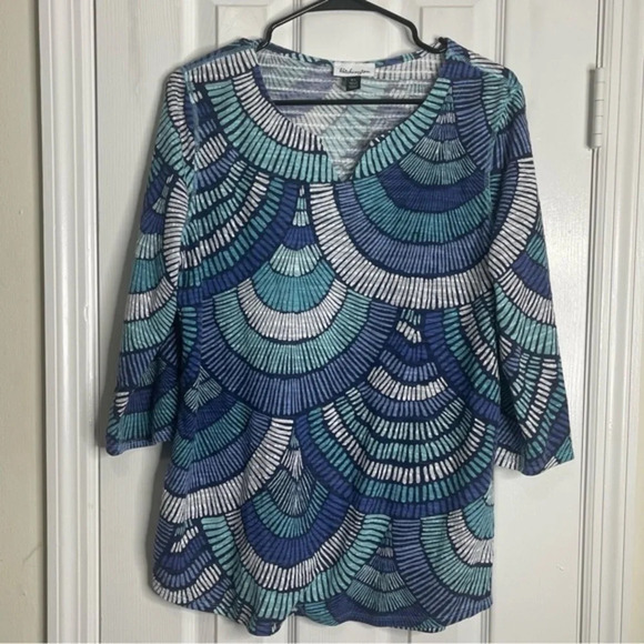 Patchington Top Large - Geometric 3/4 Sleeve Tunic - Blue/Green/White - Picture 1 of 5